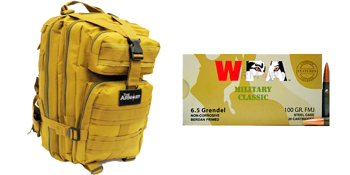 6.5 Grendel 100gr FMJ Wolf WPA MC Ammo 500 Rounds in The Armory Tan Backpack