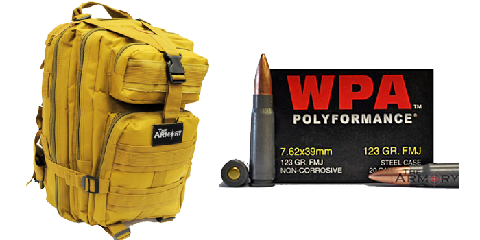 7.62x39 Ammo 123gr FMJ Wolf in The Armory Tan Backpack 500 Rounds Bulk