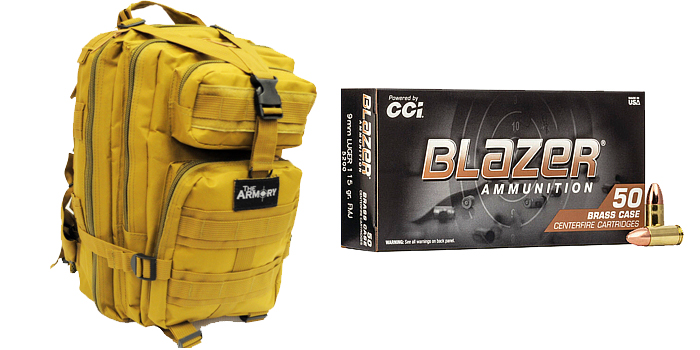 9mm 115gr FMJ CCI Blazer Brass Ammo - The Armory Tan Backpack