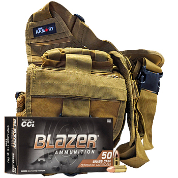 9mm 115gr FMJ CCI Blazer Brass Ammo - 500rds in The Armory Tan Shoulder Bag