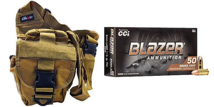 9mm 115gr FMJ CCI Blazer Brass Ammo - 500 Rounds in The Armory Tan Shoulder Bag
