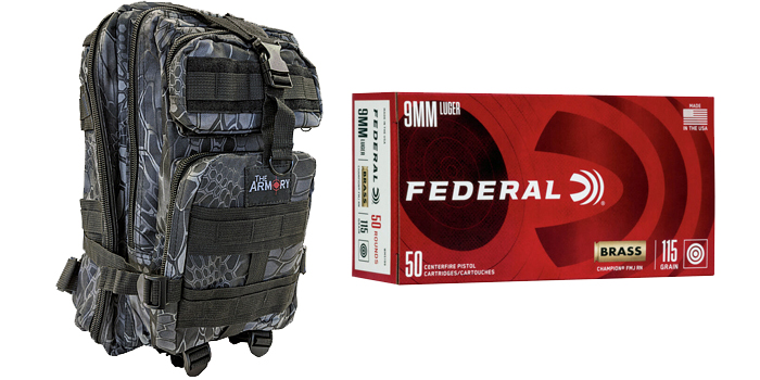 9mm Ammo 115gr FMJ Federal Champion 1000 Rounds in Black Python Backpack