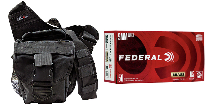 9mm Ammo 115gr FMJ Federal Champion 350 Rounds in Armory Black Shoulder Bag