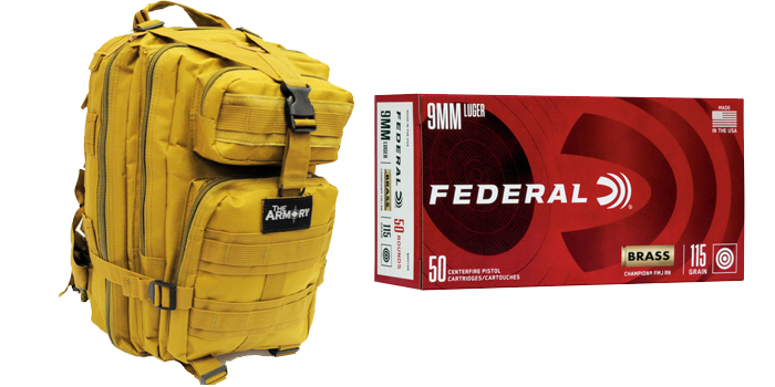 9mm Bulk Ammo 115gr FMJ Federal Champion 1000 Rounds in Armory Tan Backpack