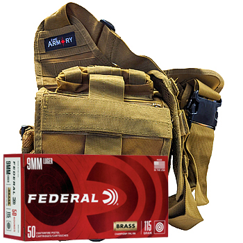 9mm 115gr FMJ Federal Champion Training Ammo - 350rds in The Armory Tan Shoulder Bag