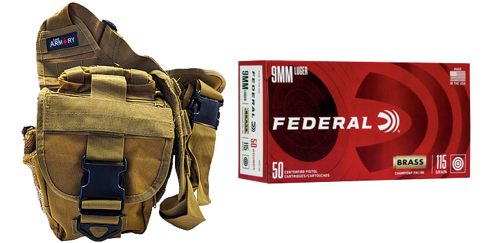 9mm Ammo 115gr FMJ Federal Champion 350 Rounds The Armory Tan Shoulder Bag