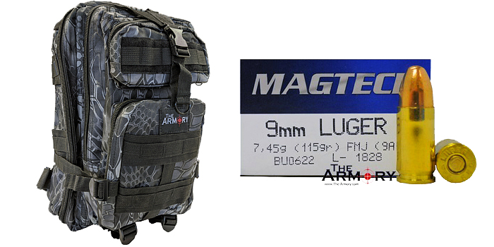 9mm 115gr FMJ Magtech Ammo 500 Rounds in The Armory Black Python Backpack