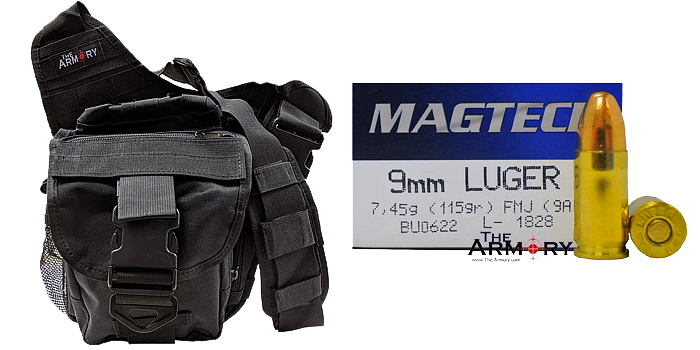 9mm 115gr FMJ Magtech Ammo 350 Rounds in The Armory Black Shoulder Bag