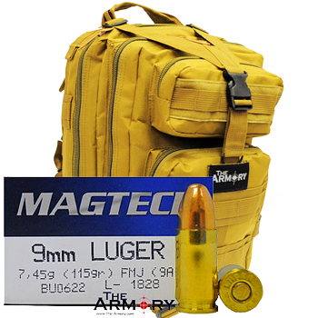 9mm 115gr FMJ Magtech Ammo - 500rds in The Armory Tan Backpack