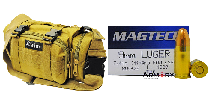 9mm 115gr FMJ Magtech Ammo 200 Rounds in The Armory Tan Range Bag