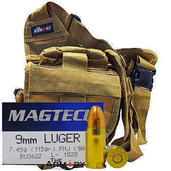 9mm 115gr FMJ Magtech Ammo - 350rds in The Armory Tan Shoulder Bag