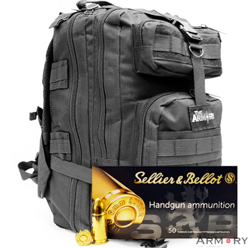 9mm 124gr FMJ S&B Ammo - 1000rds in The Armory Black Backpack