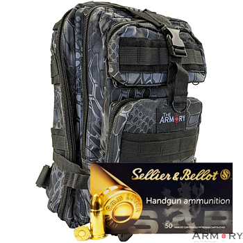 9mm 124gr FMJ S&B Ammo - 1000rds in The Armory Black Python Backpack