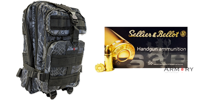 9mm 124gr FMJ S&B Ammo 1000 Rounds in The Armory Black Python Backpack