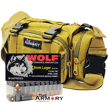 9mm 115gr FMJ Wolf Performance Ammo - 350rds in The Armory Tan Range Bag