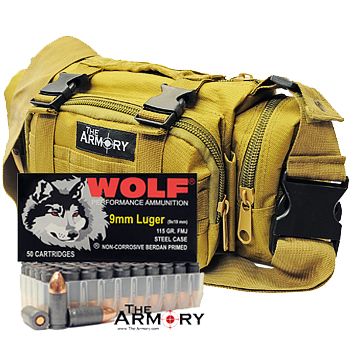 9mm 115gr FMJ Wolf Performance Ammo - 500rds in The Armory Tan Range Bag