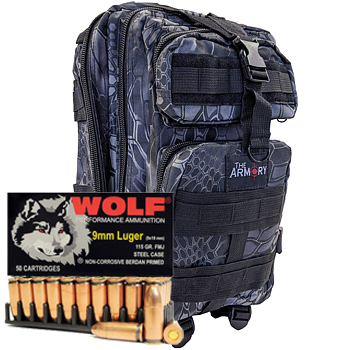 9mm Luger 115gr FMJ Wolf Performance Ammo in The Armory Black Python Backpack (1000 rds)