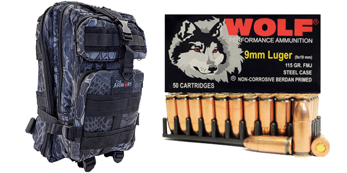 9mm 115gr FMJ Wolf Performance Ammo in Black Python Backpack 1000 Rounds