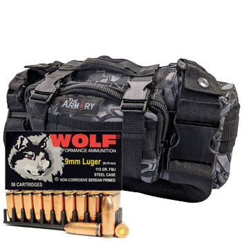 9mm Luger 115gr FMJ Wolf Performance Ammo in The Armory Black Python Range Bag (500 rds)