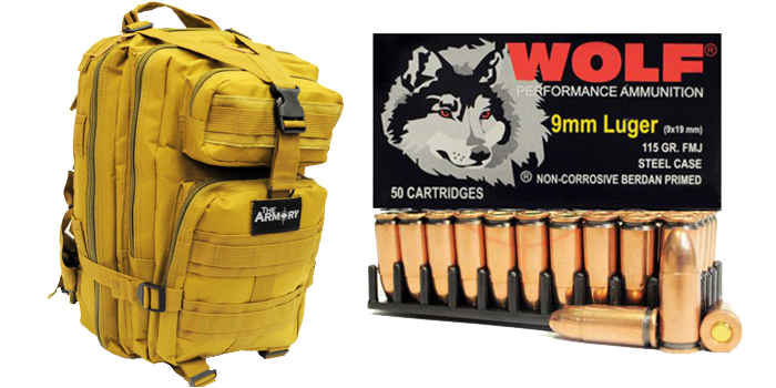 9mm Luger 115gr FMJ Wolf Performance Ammo in The Armory Tan Backpack 1000 Rounds