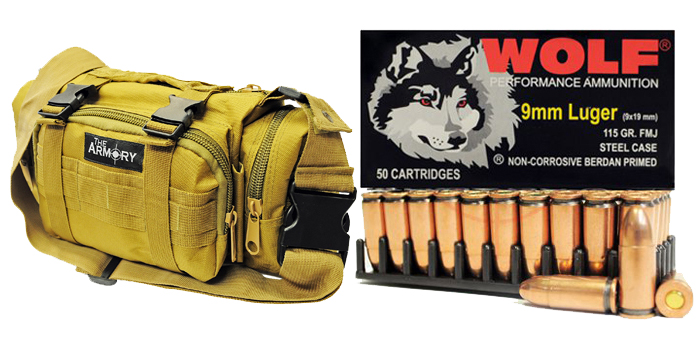 9mm Luger 115gr FMJ Wolf Performance Ammo in The Armory Tan Range Bag 500 Rounds