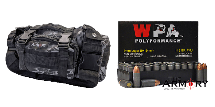 9mm 115gr FMJ Wolf Ammo 200 Rounds in The Armory Black Python Range Bag