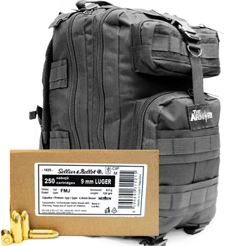 9mm Luger (9x19mm) 124gr FMJ Sellier & Bellot Ammo - 500rds in The Armory Black Backpack