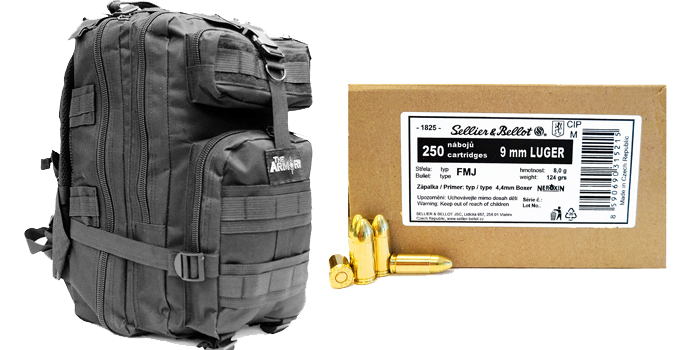 9mm Luger 124gr FMJ S&B Ammo 500 Rounds in The Armory Black Backpack