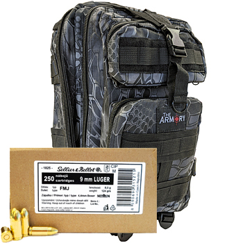 9mm Luger (9x19mm) 124gr FMJ Sellier & Bellot Ammo - 500rds in The Armory Black Python Backpack