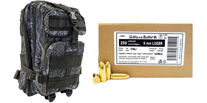 9mm Luger 124gr FMJ S&B Ammo 500 Rounds in The Armory Black Python Backpack