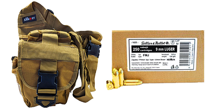 9mm Luger (9x19mm) 124gr FMJ S&B Ammo 250 Rounds in Tan Shoulder Bag