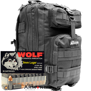 9mm 115gr FMJ Wolf Performance Ammo - 1000rds in The Armory Black Backpack
