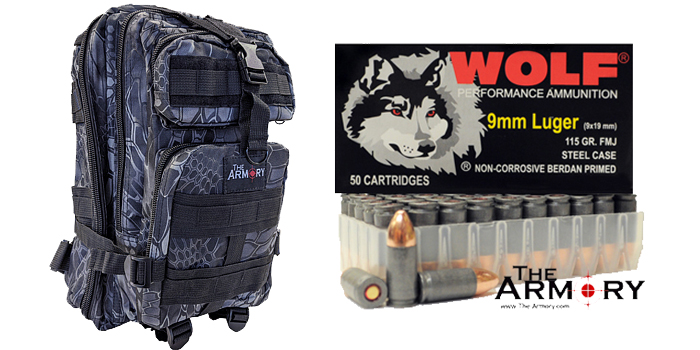 9mm Ammo 115gr FMJ Wolf 1000 Rounds in The Armory Black Python Backpack
