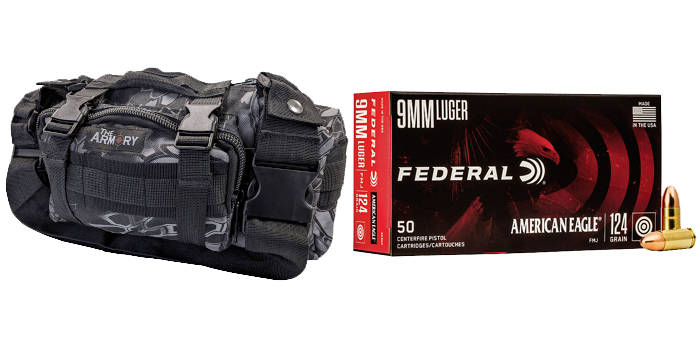 9mm 124gr FMJ American Eagle Ammo 500 Rounds in Black Python Range Bag