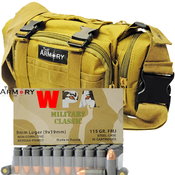 9mm 115gr FMJ Wolf Military Classic Ammo - 500rds in The Armory Tan Range Bag