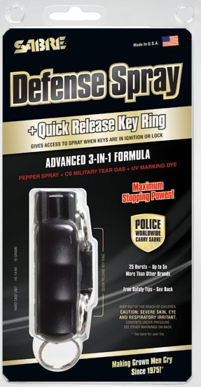 Sabre Pepper Spray 3-In-1 Defense Spray Key Case Black
