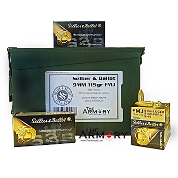 9mm Luger 115gr FMJ Sellier & Bellot - 1000rds in 30 Cal Ammo Can