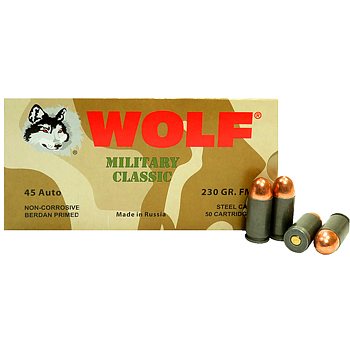 45 ACP (45 Auto) 230gr FMJ Wolf Military Classic Ammo Box (50 rds)