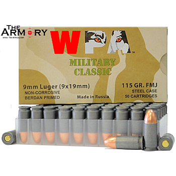 9mm Luger (9x19mm) 115gr FMJ Wolf WPA Military Classic Ammo Box (50 rds)