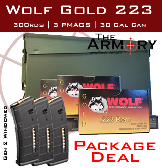 Wolf Gold 223 300 Rounds & 3 AR-15 Magazines Packed in a 30 Cal Ammo Can