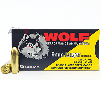 124gr 9mm Wolf Ammo - Brass plated steel cases