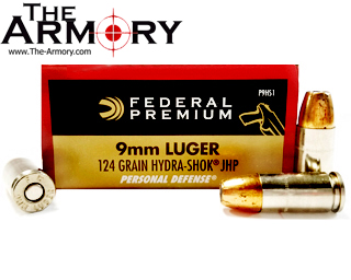 9mm Luger (9x19mm) 124gr JHP Federal Personal Defense Hydra-Shok Ammo Box (20 rds)