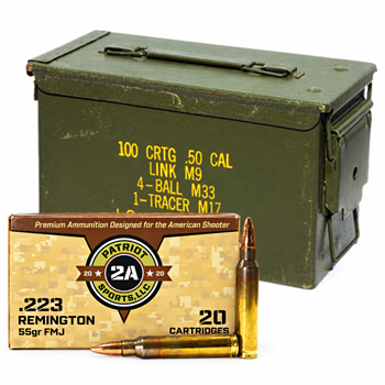 223 Rem 55gr FMJ Patriot Sports 1000rd + Surplus 50 Cal Ammo Can