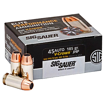 45 Auto (ACP) 185gr JHP Sig Sauer V-Crown Elite Performance Ammo Box (20 rds)