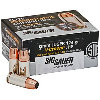 9mm Luger (9x19mm) 124gr V-Crown JHP Sig Sauer Elite Performance Ammo Box (20 rds)