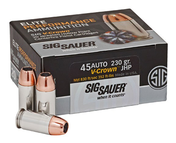 45 Auto (ACP) 230gr V-Crown JHP Sig Sauer Elite Performance Ammo Box (20 rds)