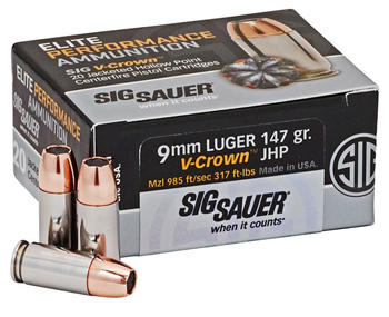 9mm Luger 147gr V-Crown JHP Sig Sauer Elite Performance Ammo Box (20 rds)