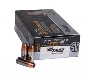 9mm Luger (9x19mm) 124gr V-Crown JHP Sig Sauer Elite Performance Ammo Box (50 rds)