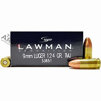 9mm Luger (9x19mm) 124gr TMJ Speer Lawman Ammo Box (50 rds)