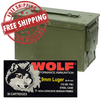 9mm Luger 115gr FMJ Wolf Ammo - 550rds + FREE SHIPPING & AMMO CAN